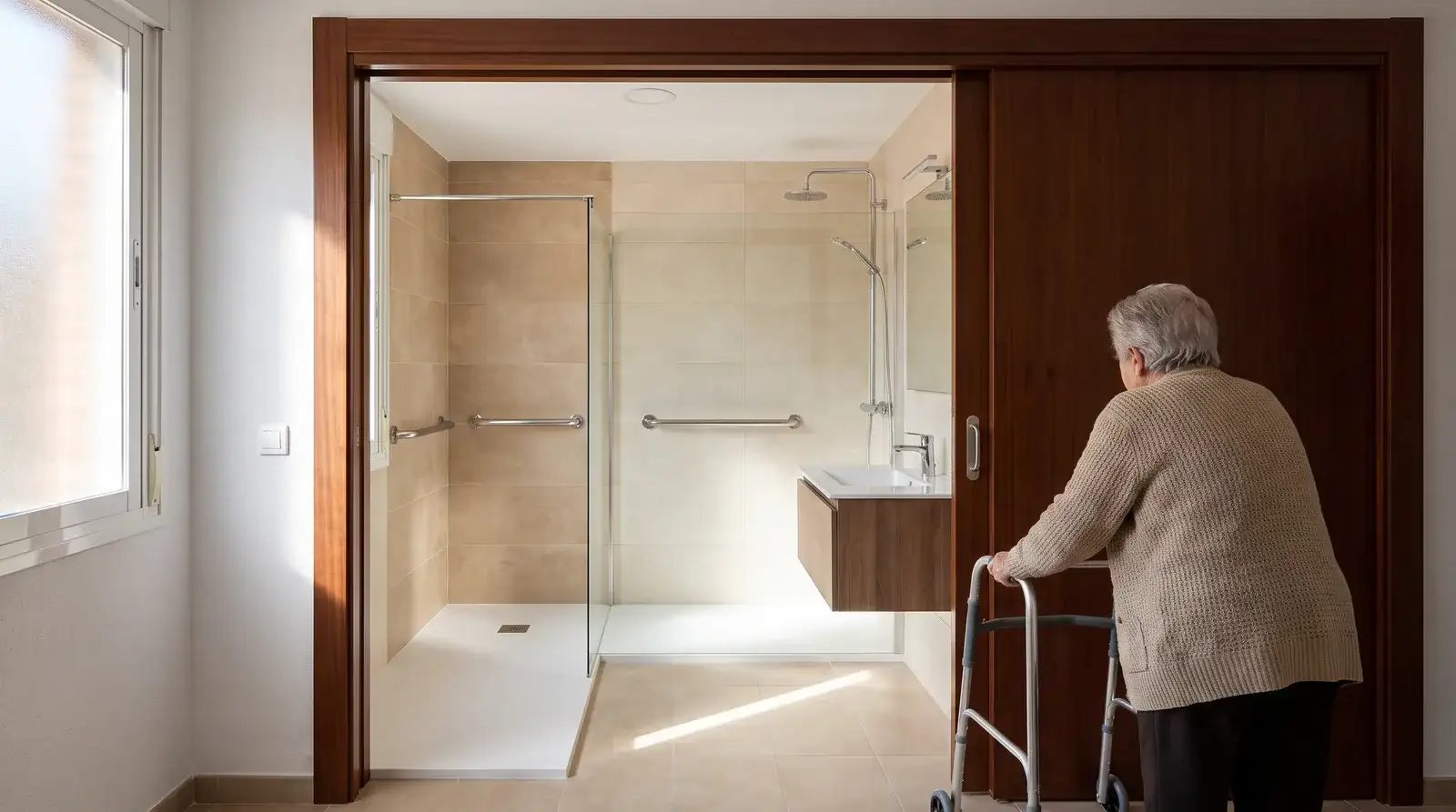 Baño adaptado con ducha a ras de suelo, asideros en pared y espacio de paso para andador, ejemplo ilustrativo