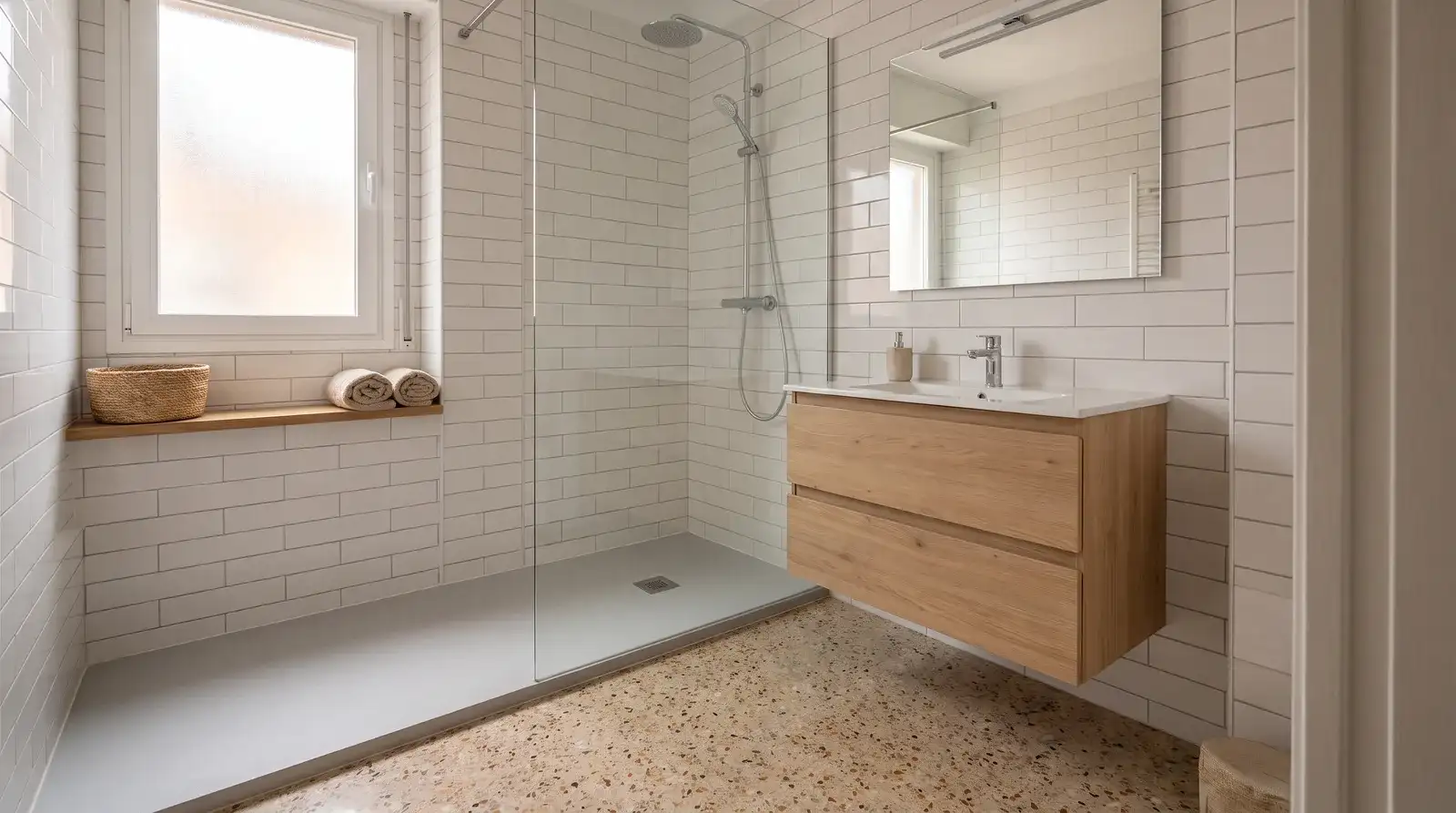 Baño pequeño de piso madrileño reformado con plato de ducha extraplano gris, mampara fija de vidrio y mueble suspendido