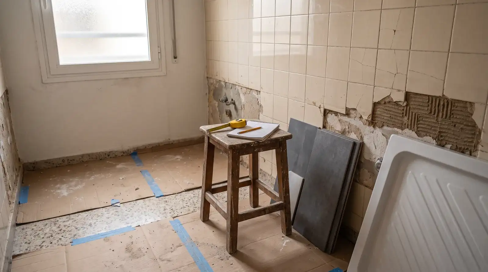 Herramientas de medición y muestras de materiales para preparar el precio de una reforma de baño en un piso antiguo de Madrid