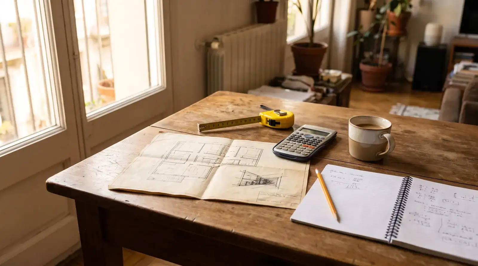 Mesa de trabajo con el plano de una vivienda, una cinta métrica, una calculadora y un cuaderno de mediciones junto a una ventana