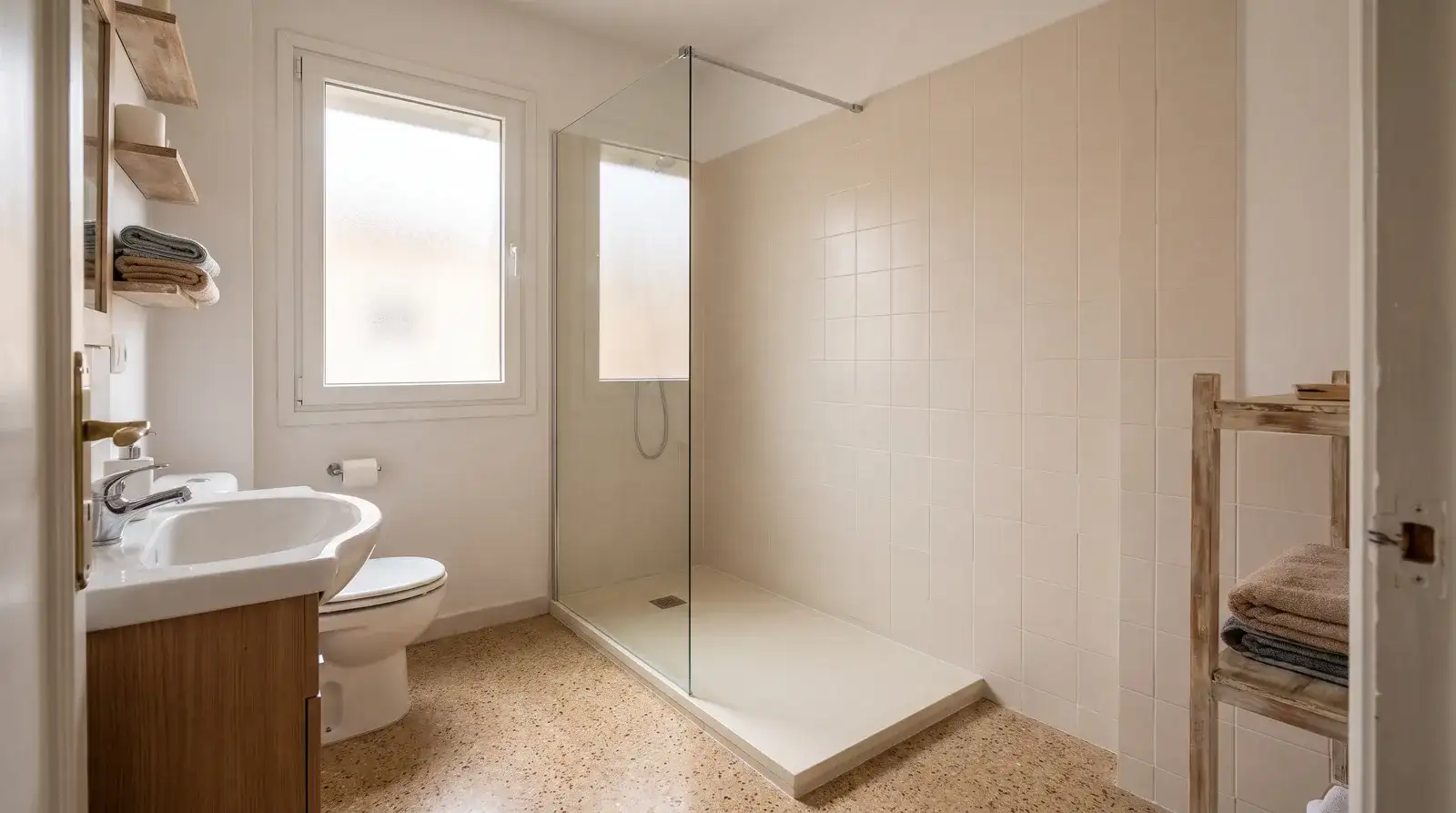 Baño de piso de Madrid con plato de ducha extraplano y mampara de cristal en el hueco donde estaba la bañera