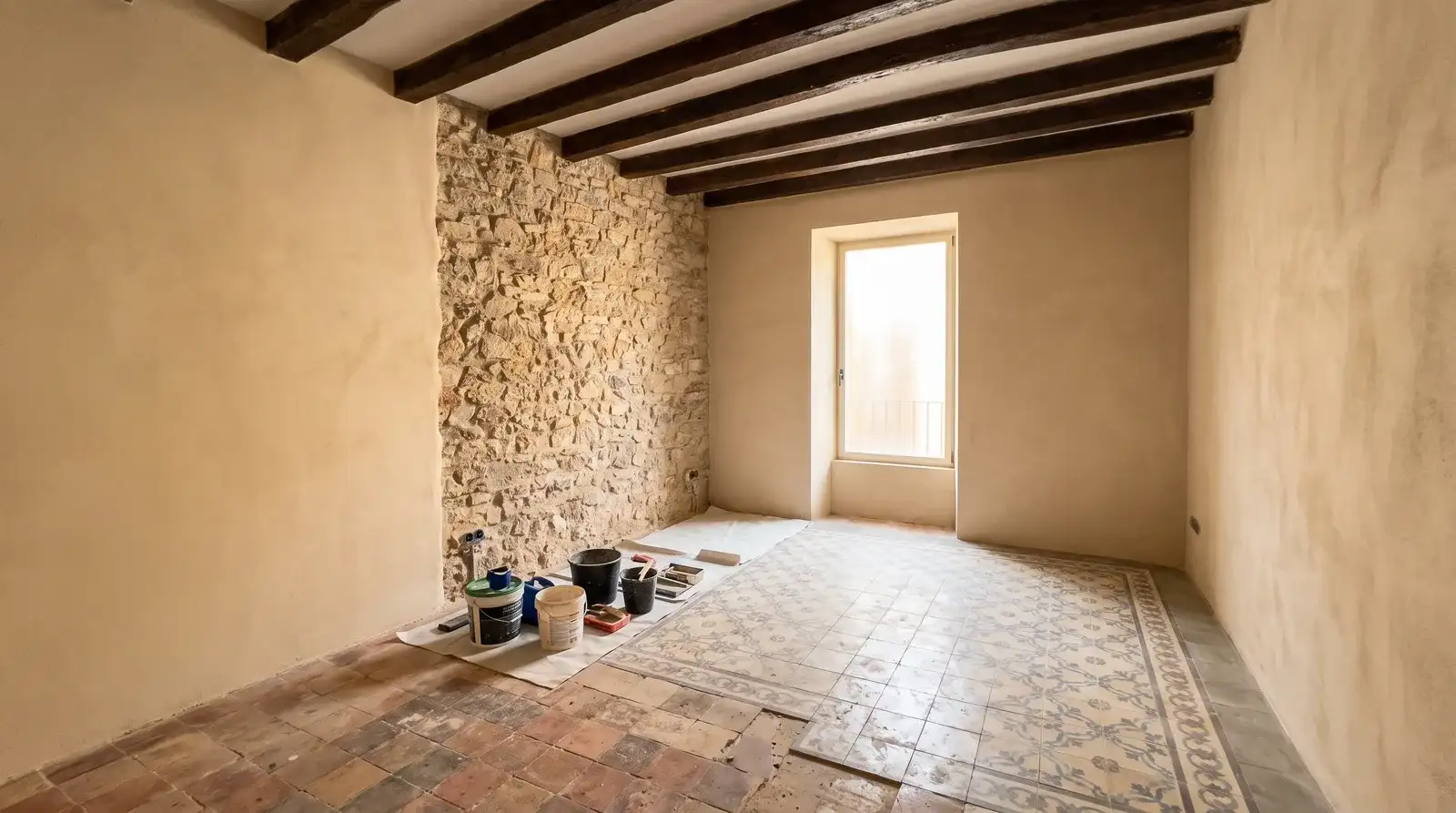 Sala de una casa antigua de pueblo con muro de piedra y vigas de madera restauradas