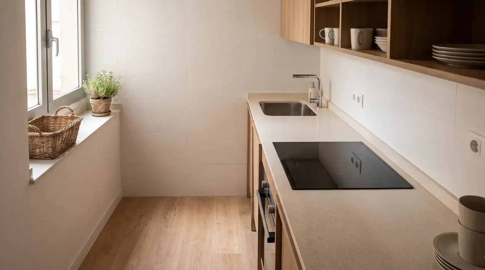 Cocina pequeña de piso madrileño reformada, con encimera de color claro, alicatado blanco y suelo nuevo bajo la luz natural de una ventana