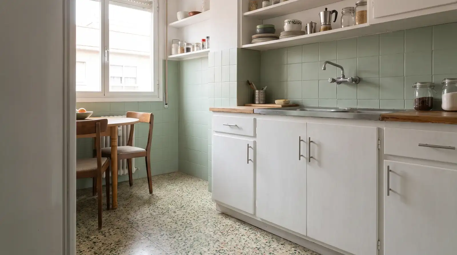 Cocina ochentera renovada sin obra, con azulejos pintados de color suave, muebles lacados en blanco y tiradores nuevos