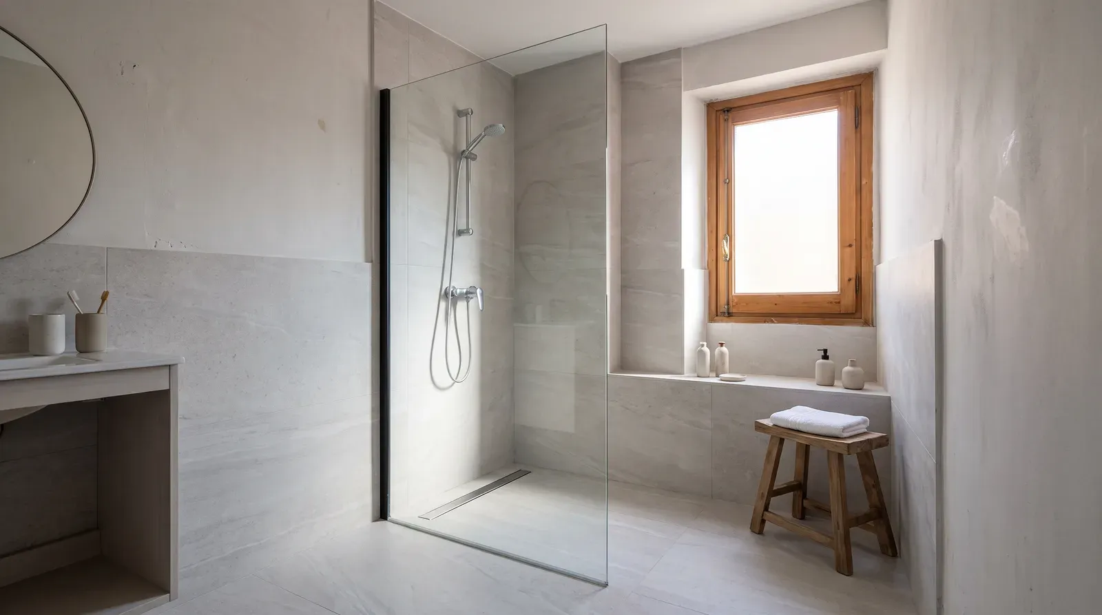 Ducha de obra construida a ras de suelo con solado de gres gris continuo y mampara fija de vidrio