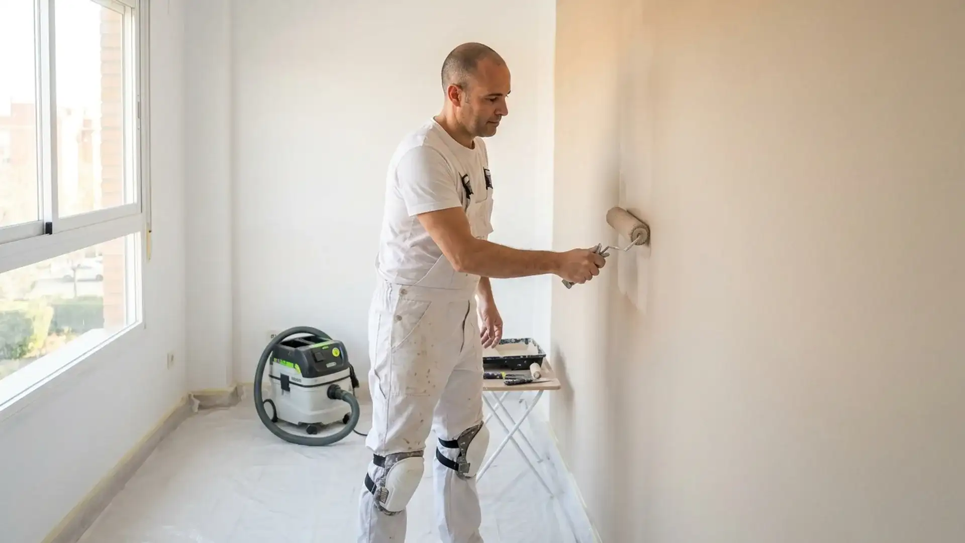 Equipo profesional aplicando pintura en habitación luminosa