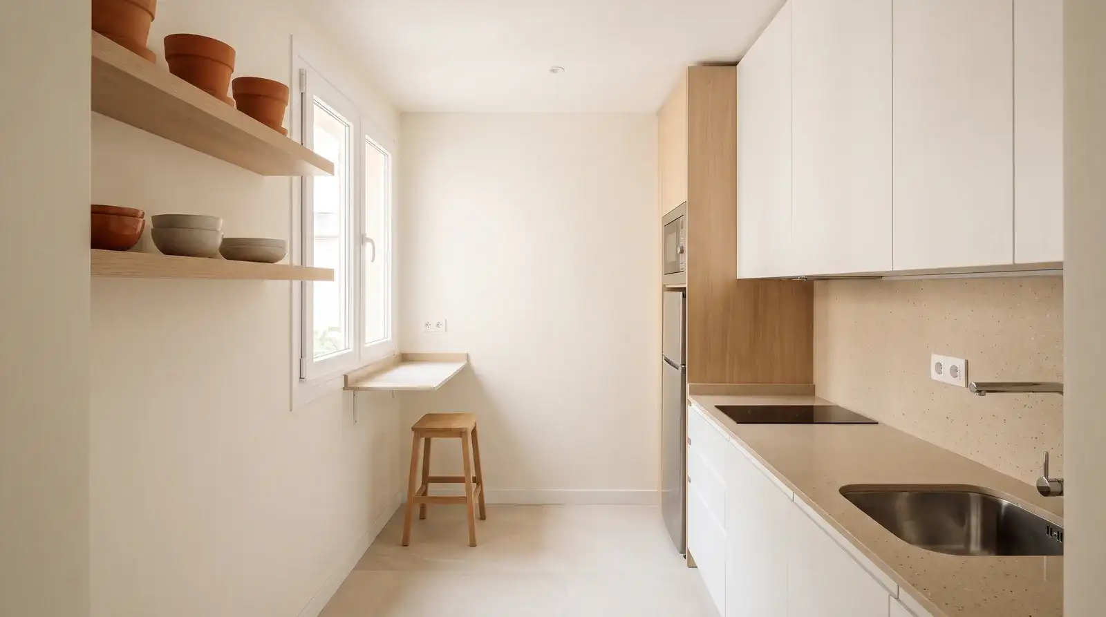 Cocina pequeña reformada con muebles blancos hasta el techo y encimera compacta en un piso de Madrid, ejemplo ilustrativo