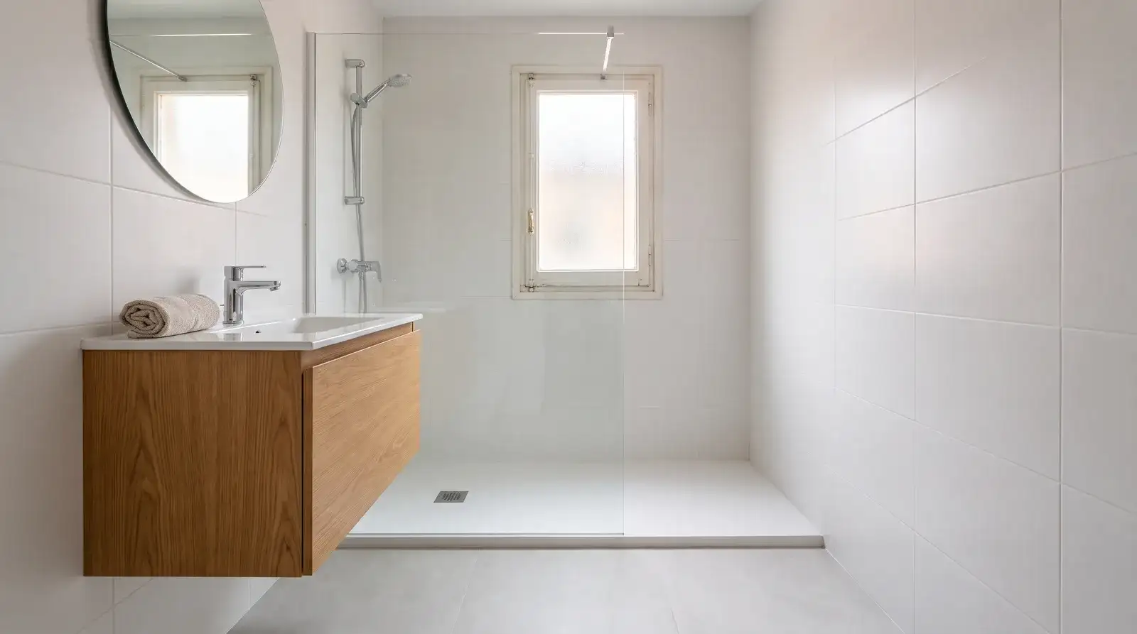 Ejemplo ilustrativo de un baño reformado con plato de ducha y mampara de vidrio en una vivienda de Alcorcón