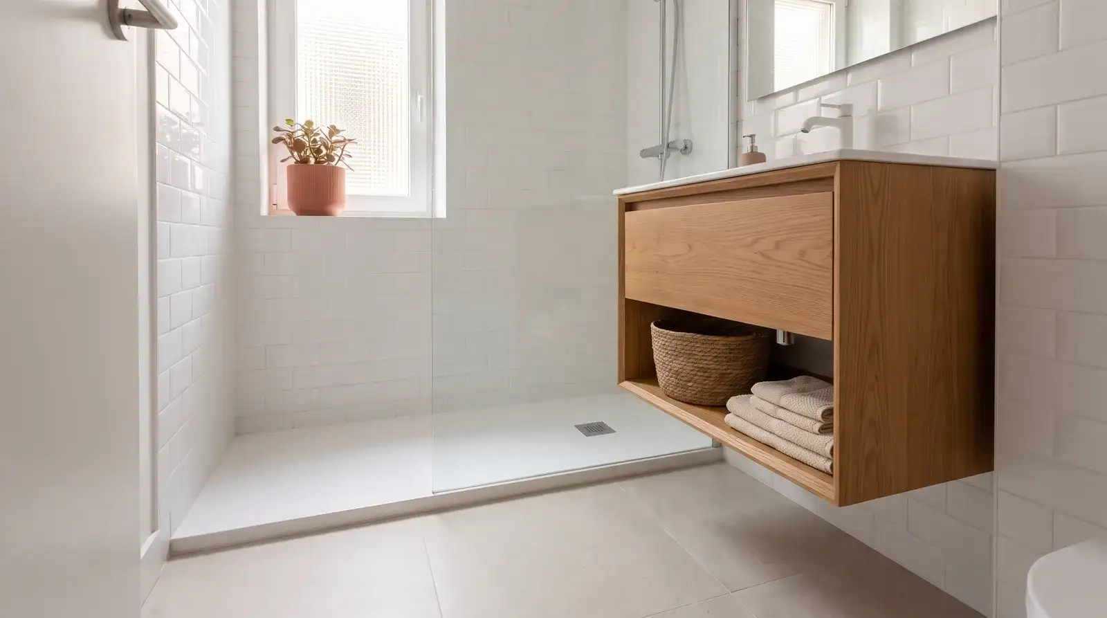 Ejemplo ilustrativo de un baño reformado con plato de ducha y mampara de vidrio en una vivienda de Fuenlabrada