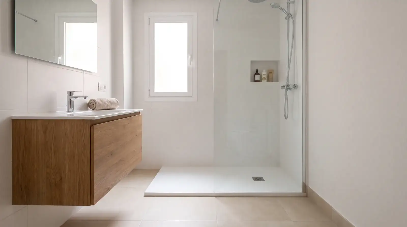 Ejemplo ilustrativo de un baño reformado con plato de ducha y mampara de vidrio en una vivienda de Leganés