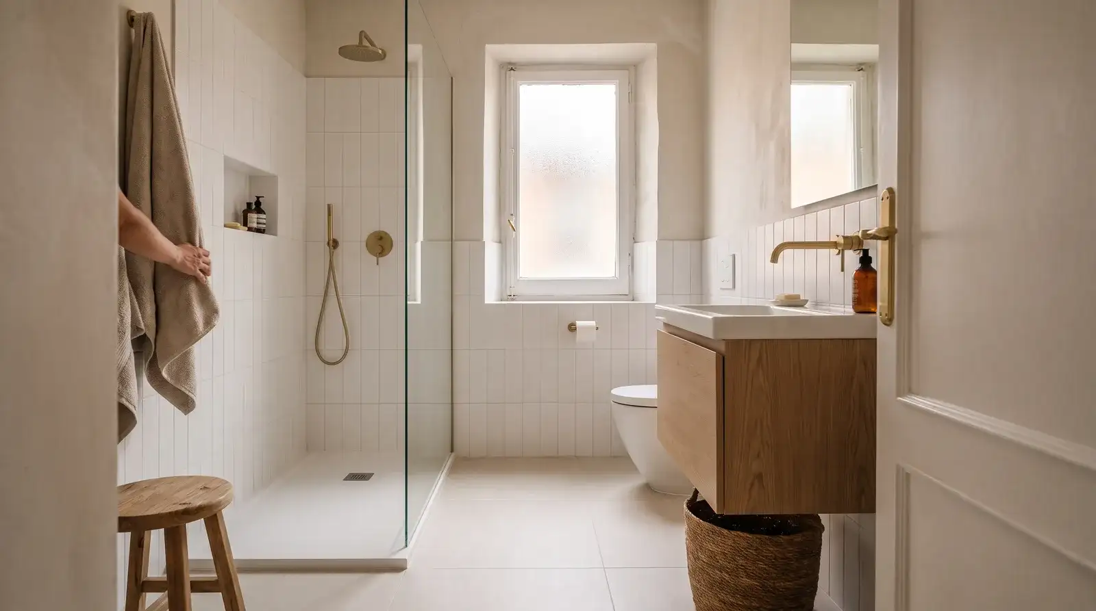 Ejemplo ilustrativo de un baño reformado con plato de ducha y mampara de vidrio en una vivienda de Móstoles