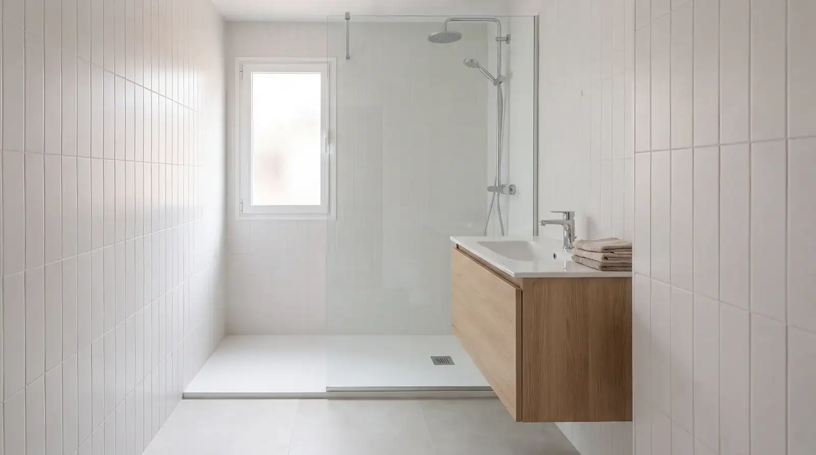 Baño pequeño reformado en un piso de Madrid con plato de ducha de resina a ras de suelo, mampara de vidrio y azulejo blanco mate