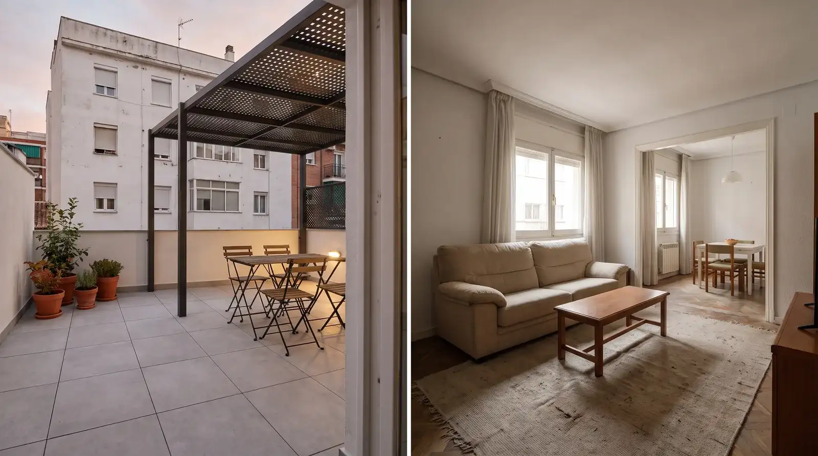 Terraza de piso en Madrid con pavimento nuevo, pérgola de aluminio y plantas